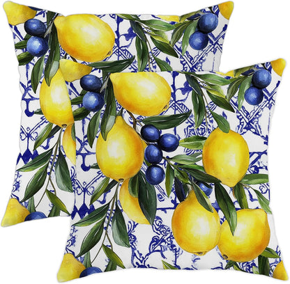 Lemon and Blueberry Throw Pillow Covers Set of 2, Bright Yellow and Blue Floral Cushions, Summer Decorative Square Farmhouse Decor for Home Couch Sofa Bed 16x16 Inch