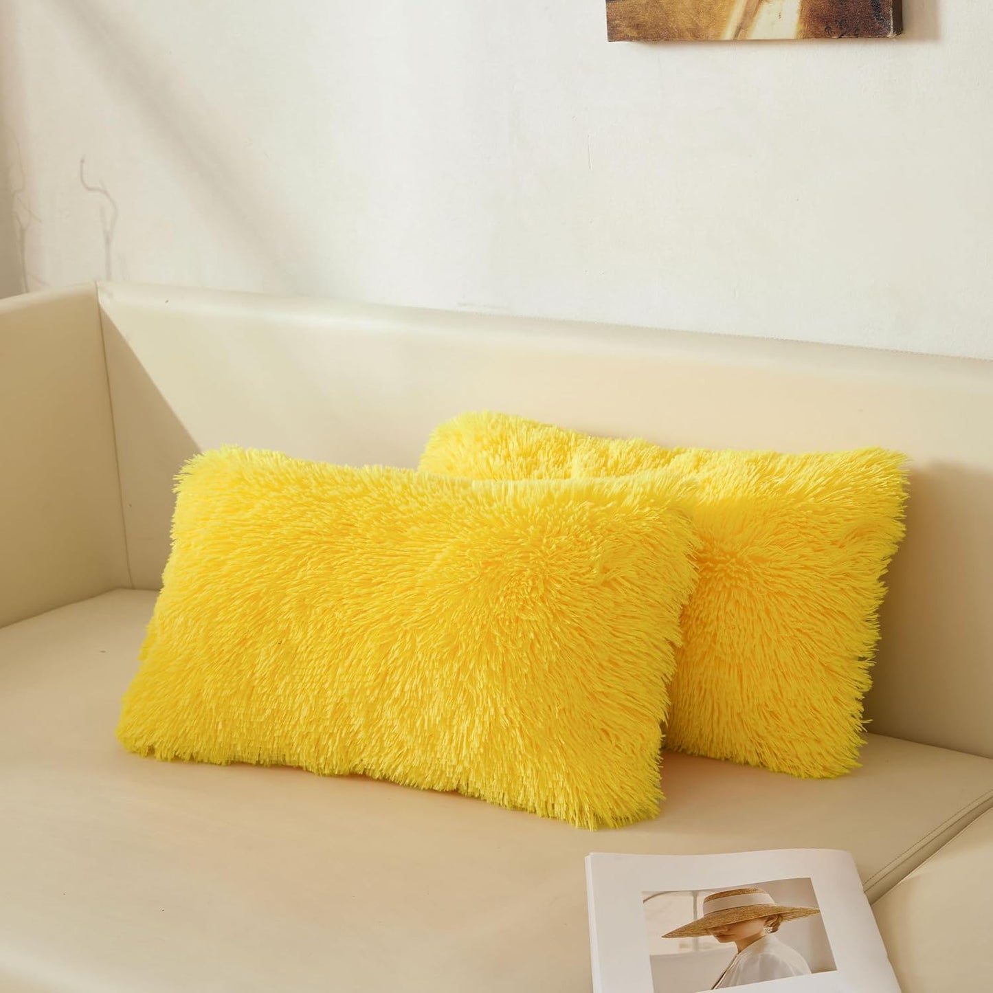 XeGe 12x20 Fluffy Faux Fur Lumbar Throw Pillow Covers Pack of 2, Shaggy Fuzzy Aesthetic Lumbar Pillowcases with Zipper, Plush Furry Long Pillow Cases Sleeping Kids Teens Adults Side Sleeper, Yellow