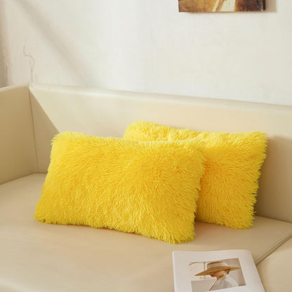 XeGe 12x20 Fluffy Faux Fur Lumbar Throw Pillow Covers Pack of 2, Shaggy Fuzzy Aesthetic Lumbar Pillowcases with Zipper, Plush Furry Long Pillow Cases Sleeping Kids Teens Adults Side Sleeper, Yellow