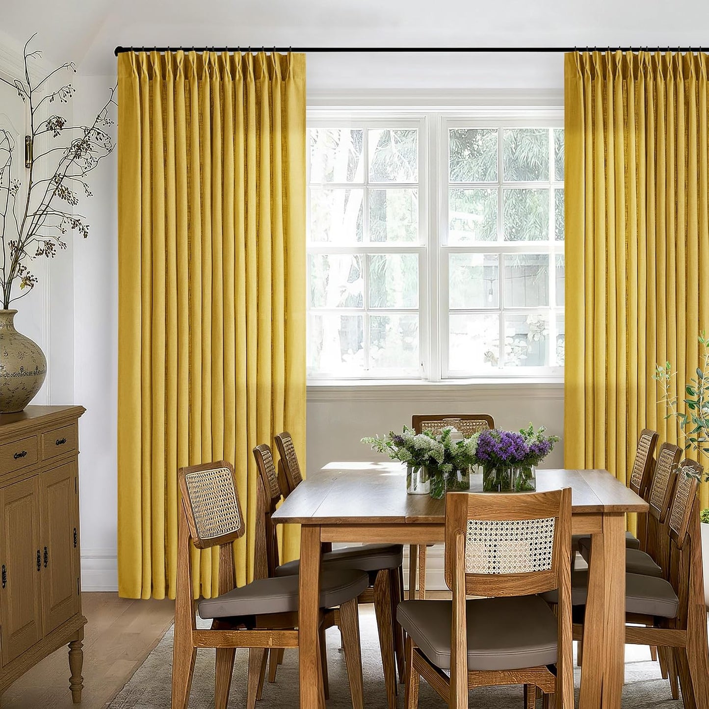 Mustard Yellow 90 Inch Linen Curtains Pinch Pleated for Living Room Bedroom Dining Boho Light Filtering Pinch Pleat Drapes Hooks Rings Back Tab Semi Sheer Gold Harvest Spring Window Curtains 2 Panels