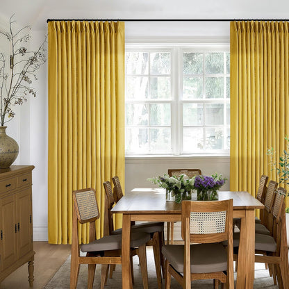 Mustard Yellow 90 Inch Linen Curtains Pinch Pleated for Living Room Bedroom Dining Boho Light Filtering Pinch Pleat Drapes Hooks Rings Back Tab Semi Sheer Gold Harvest Spring Window Curtains 2 Panels