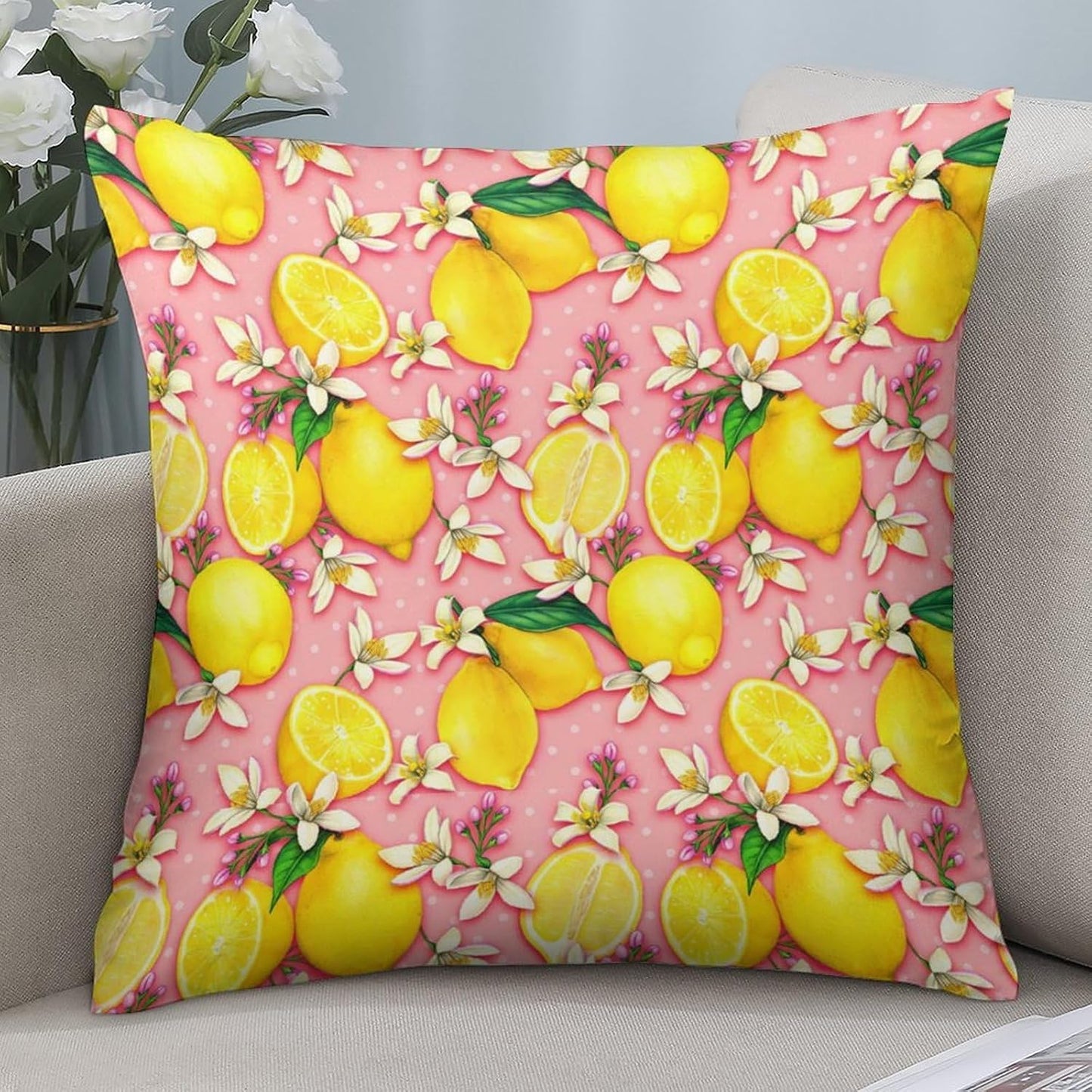 Yellow Lemon Throw Pillow Covers 16x16 Inch Set of 2, Cute Pink Fresh Fruit Summer Pillowcases Cushions for Couch Sofa Bedroom Living Room