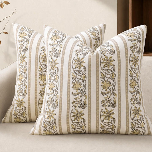 YCOLL Vintage Striped Floral Pillow Covers 20x20 Set of 2, Country Botanical Decorative Cushion Covers Rustic Farmhouse Home Decor for Sofa Couch Chair Bed Living Room, Mellow Yellow