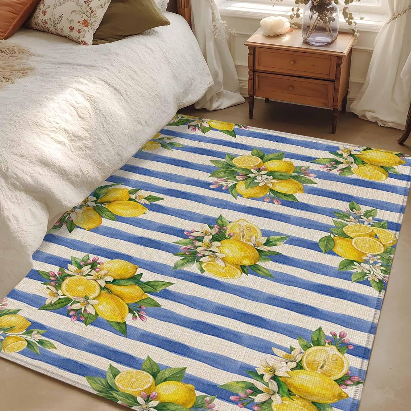 Summer Lemon Area Rug 3x5, Summer Lemon Floral Blue Stripes Linen Texture Non Slip Area Rugs for Living Room, Soft Floor Mat Washable Low Pile Carpet for Bedroom, Dining Room, Entryway
