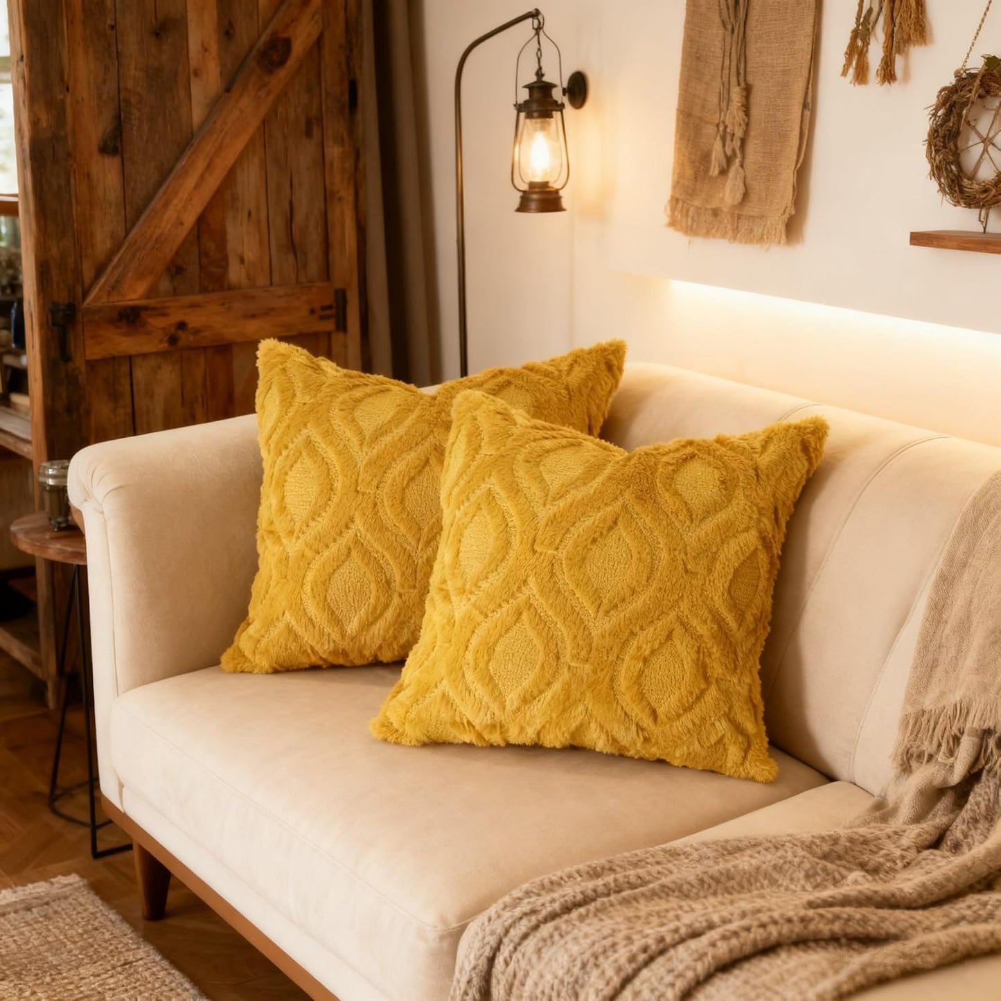 Pack of 2 Fall Decorative Throw Pillow Covers 18x18, Soft Plush Faux Fur Wool Couch Cushion Pillow Covers Cozy Boho Farmhouse Square Pillow Case for Living Room Sofa Bed Home Decor, Mustard Yellow