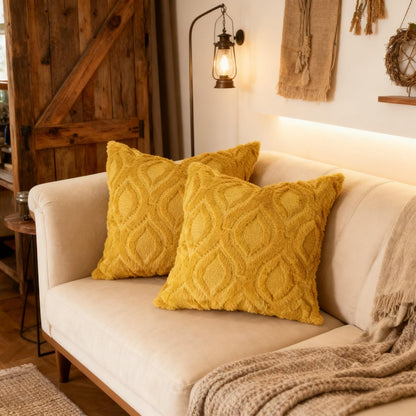 Pack of 2 Fall Decorative Throw Pillow Covers 18x18, Soft Plush Faux Fur Wool Couch Cushion Pillow Covers Cozy Boho Farmhouse Square Pillow Case for Living Room Sofa Bed Home Decor, Mustard Yellow
