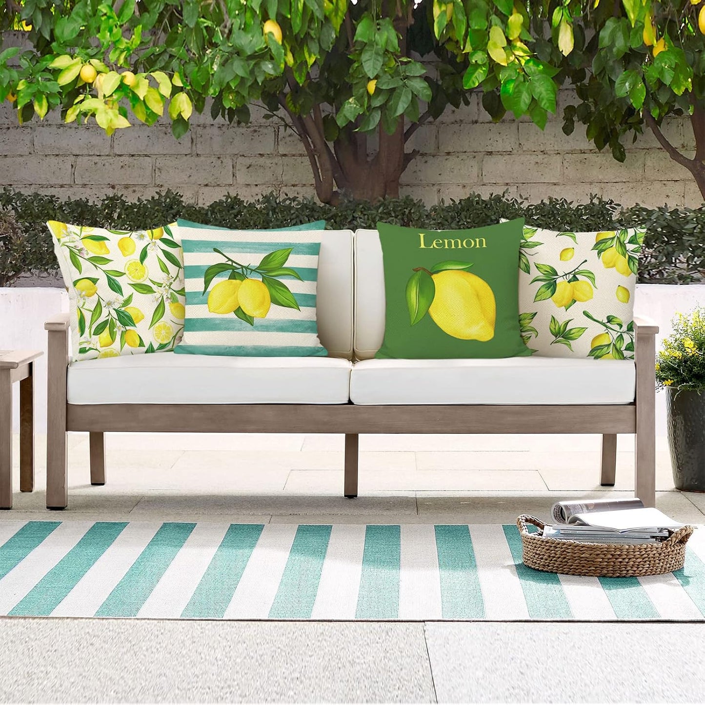 Bonhause Summer Lemon Pillow Covers 18 x 18 Inch Set of 4 Yellow Fruit Floral Green Leaves Outdoor Decorative Polyester Linen Pillowcases for Sofa Couch Bedroom Home Décor