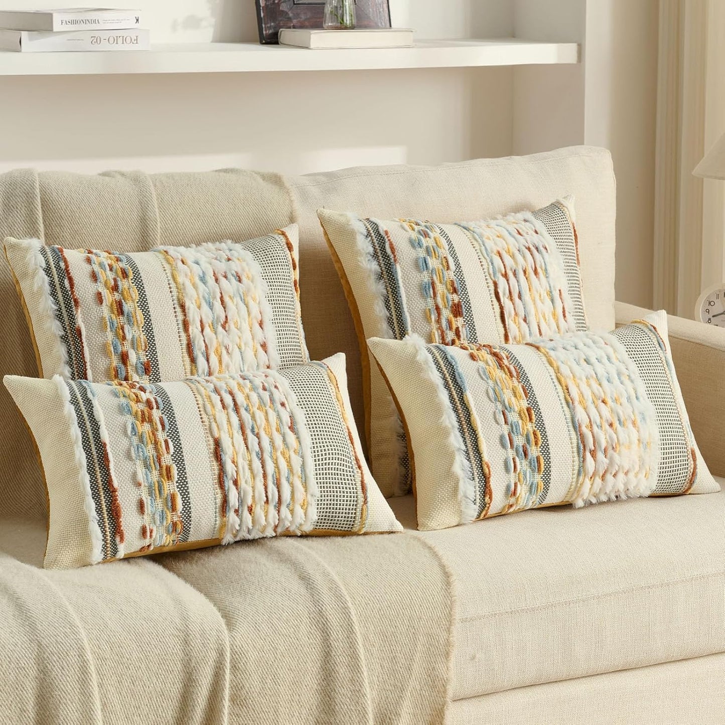 FUTEI Pack of 2 Boho Chenille Decorative Throw Pillow Covers 12x20 Inch Soft Plush Tufted Striped Textured Pillow Case,Farmhouse Accent for Couch Bed Living Room, Rust Blue Yellow