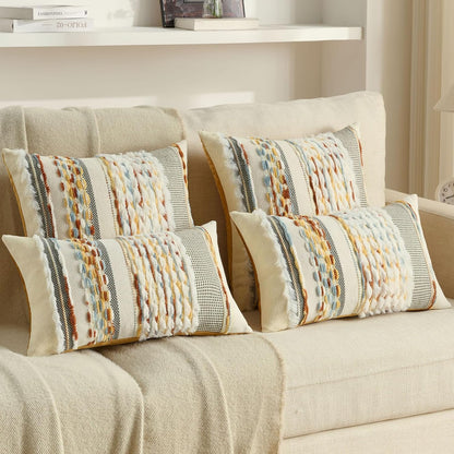 FUTEI Pack of 2 Boho Chenille Decorative Throw Pillow Covers 12x20 Inch Soft Plush Tufted Striped Textured Pillow Case,Farmhouse Accent for Couch Bed Living Room, Rust Blue Yellow