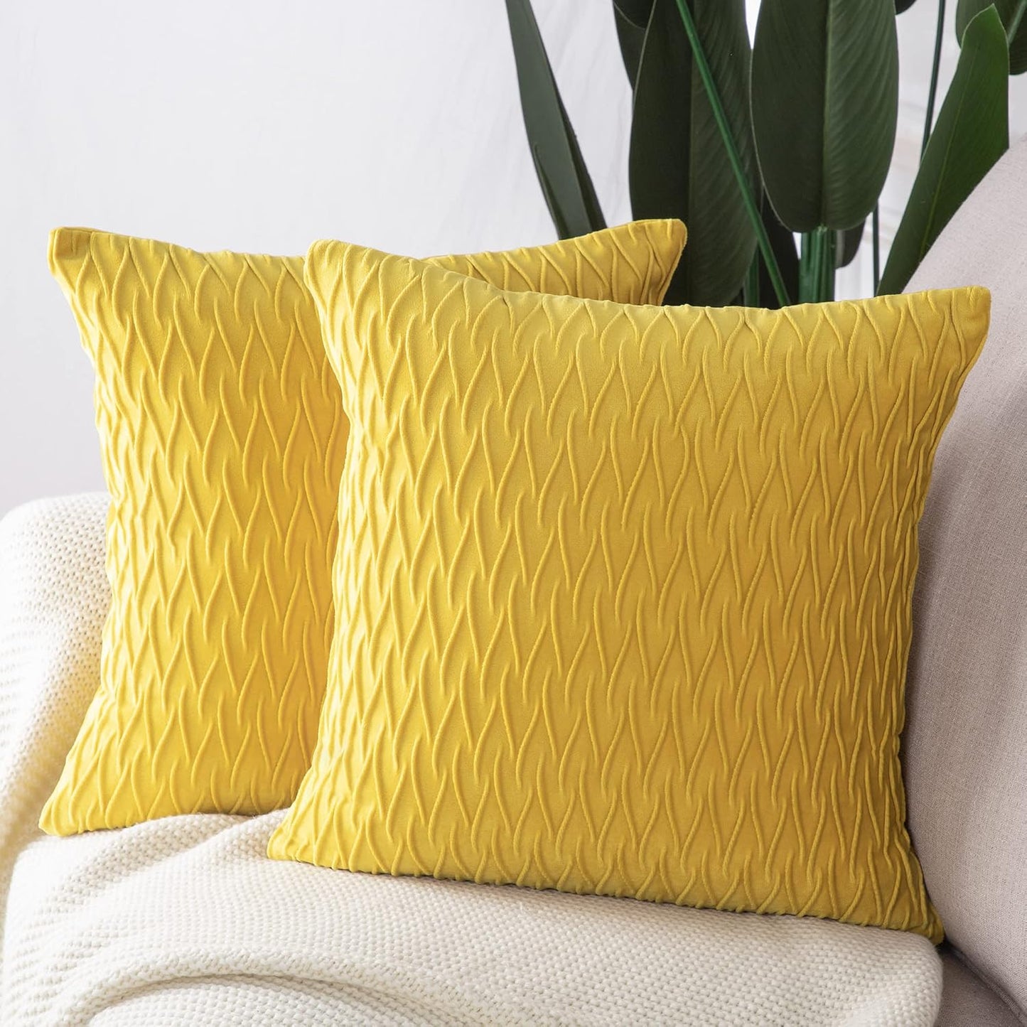 MADIZZ Set of 2 Super Soft Velvet Decorative Throw Pillow Covers 18x18 inch Lemon Yellow Square with Texture Luxury Style Cushion Case Pillow Shell for Sofa Bedroom
