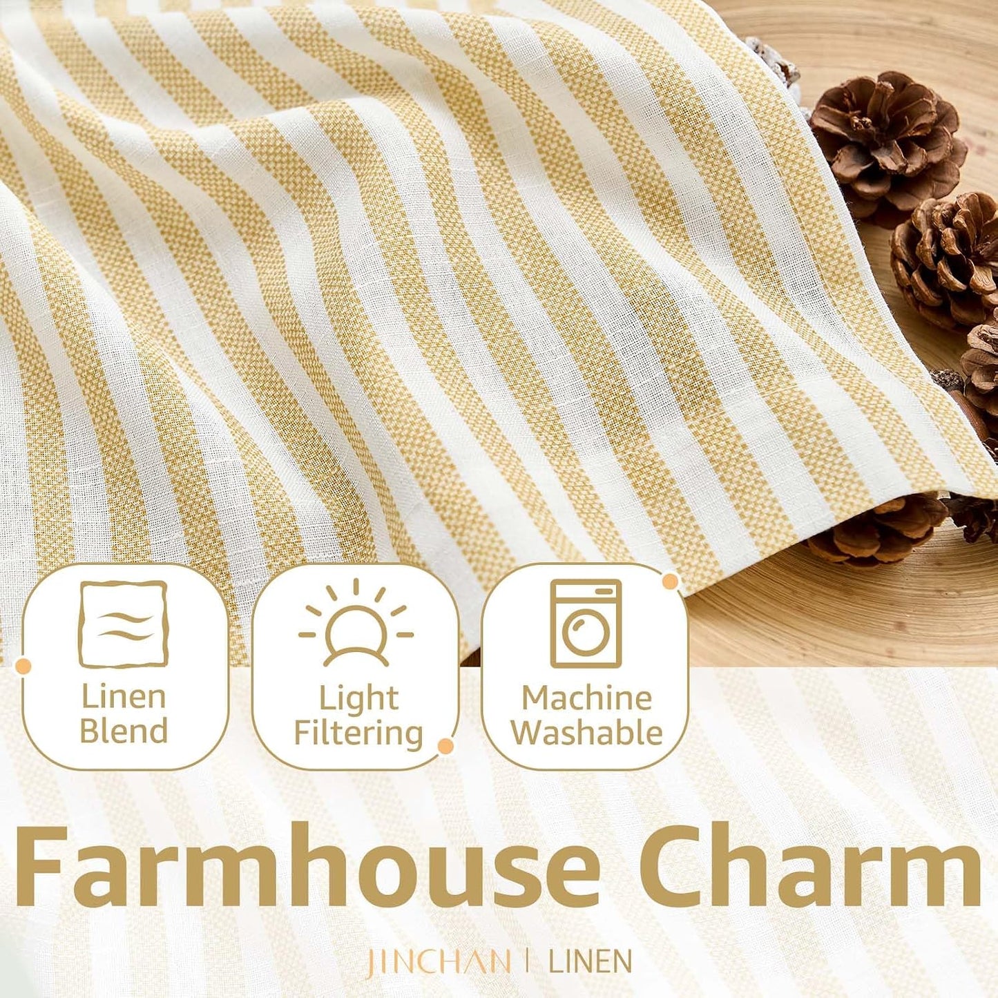 jinchan Striped Linen Kitchen Curtains 36 Inches Tier Curtains Farmhouse Modern Cafe Style Small Window Treatments Airy Light Filtering Rod Pocket for Living Room Bathroom 2 Panels Mustard Yellow