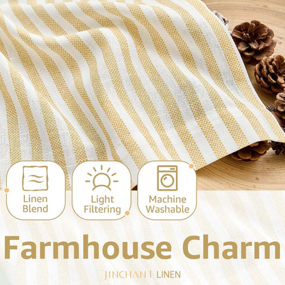 jinchan Striped Linen Kitchen Curtains 36 Inches Tier Curtains Farmhouse Modern Cafe Style Small Window Treatments Airy Light Filtering Rod Pocket for Living Room Bathroom 2 Panels Mustard Yellow