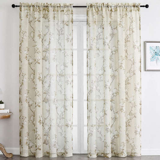 SMILE WEAVER Nature Yellow Sheer Curtains 84 inch Length for Living Room,Light Filtering Curtain 2 Panels,Voile Linen Textured Semi Sheer Floral Curtains for Bedroom/Kitchen Window Drapes