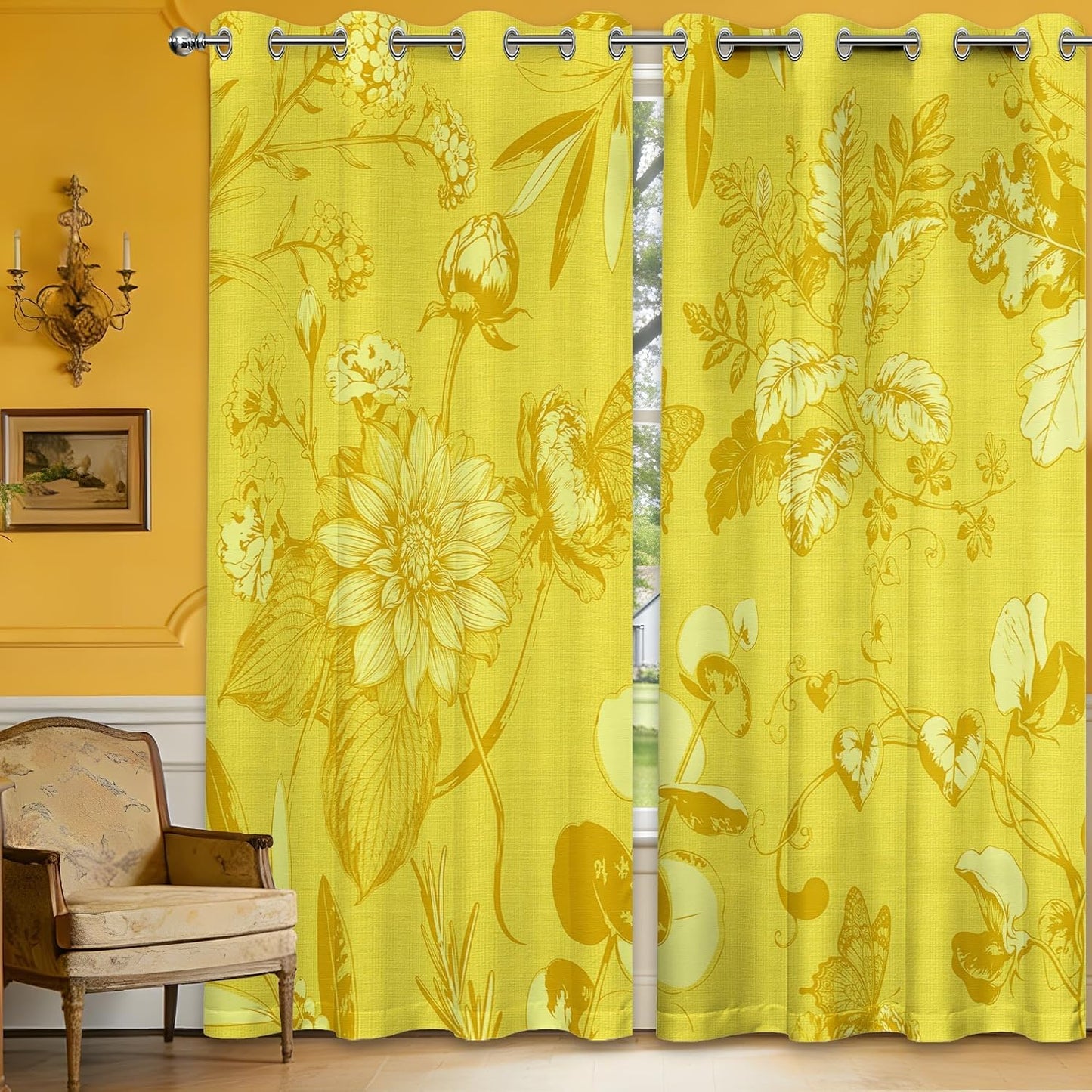 Mustard Yellow Vintage Botanical Blackout Curtains Patterned Yellow Floral Window Drapes for Bedroom Living Room, 84 inch Length 2 Panels Set, 52x84 inch