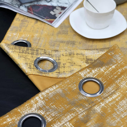 always4u Yellow Soft Velvet Curtains 108 Inch Length Long Luxury Bedroom Curtains Gold Foil Print Window Treatments for Living Room Set of 2