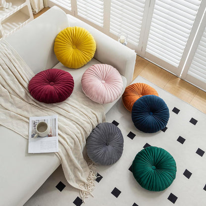Teieas Velvet Round Throw Pillow Pleated Round Pillow Cushion Decoration for Couch Chair Bed Car Yellow
