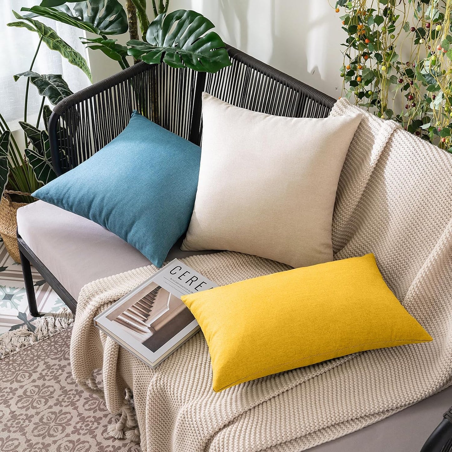 MIULEE Pack of 2 Decorative Outdoor Solid Waterproof Throw Pillow Covers Faux Linen Garden Farmhouse Cushion Cases for Summer Patio Tent Balcony Couch Sofa 18x18 Inch Mustard Yellow