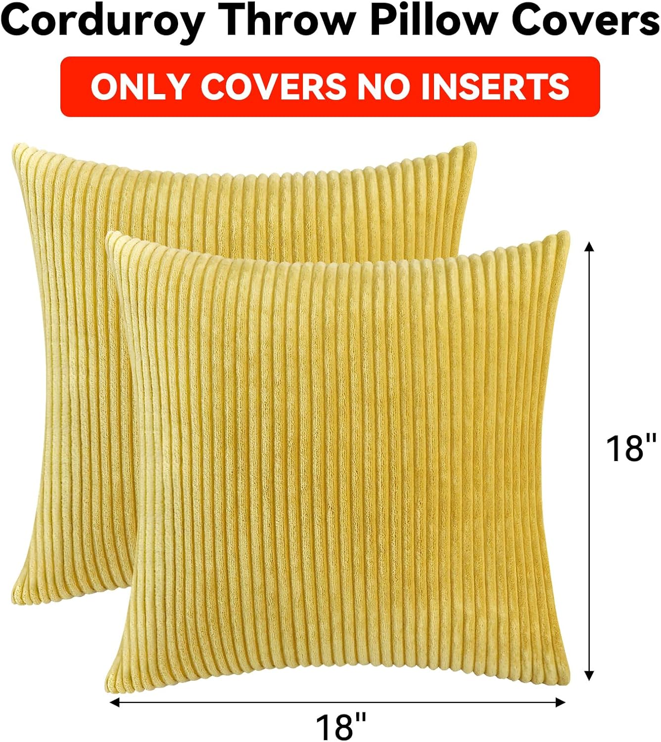 Thmyo Pack of 2 Corduroy Soft Decorative Throw Pillow Covers Striped Square Cushion Cases Pillowcases for Sofa Couch Bed Chair Home Decoration, 18x18 inch/45x45 cm, Yellow