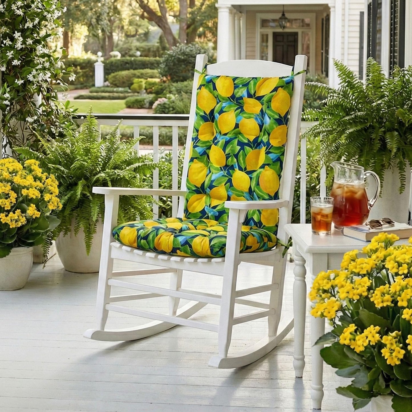 Barnett Home Decor Outdoor Rocking Chair Cushions - Lemons Blue Mediterranean Size Extra Large Rocker Cushions - Set of 19 x 19 Seat and 18 x 23 Back - Waterproof Fade Resistant