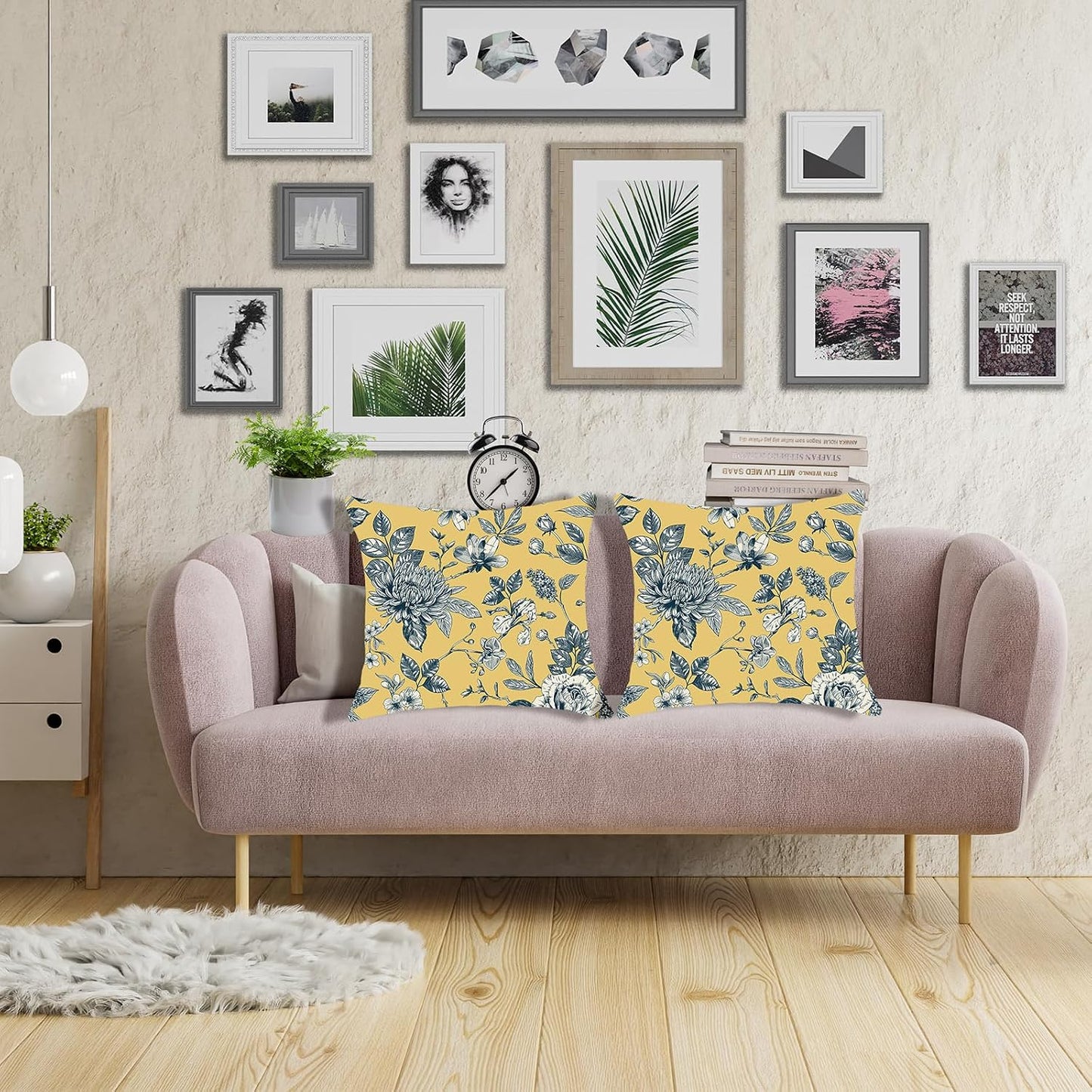 Floral Toile Throw Pillow Covers 18x18 inch Set of 2 Yellow Chinoiserie Flowers Pillow Cases French Country Spring Decorative Cushion Covers for Sofa Couch