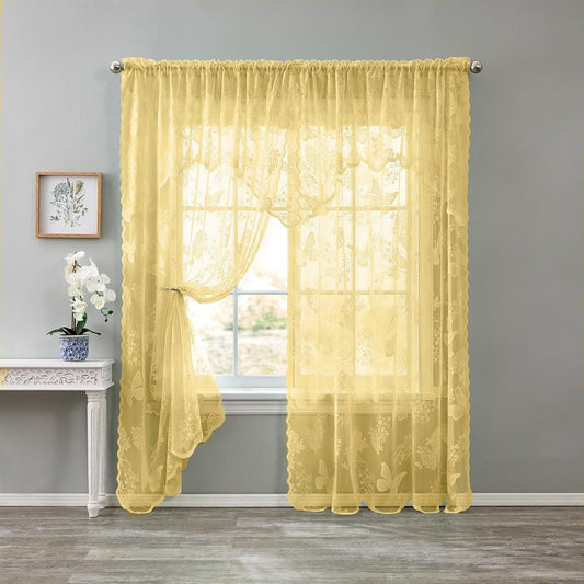 BrylaneHome Ella Lace Romantique Curtain - 58" W 84" L, Pastel Yellow