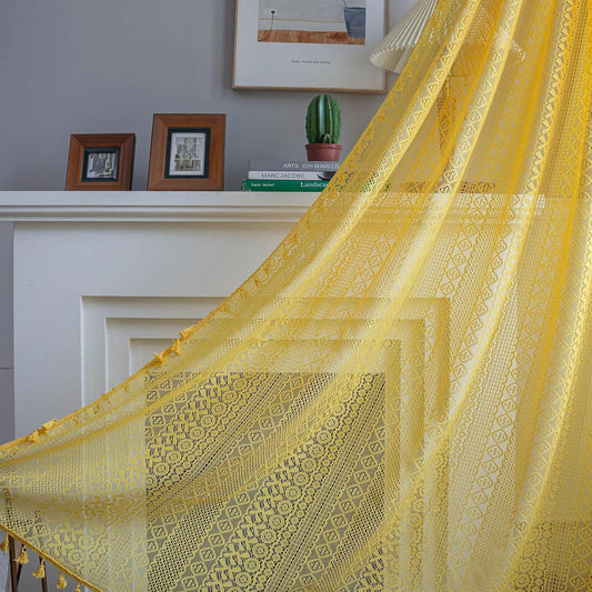 Boho Tassel Crochet Curtains Vintage Rod Pocket Semi Sheer Geometry Knitted Lace Light Filtering Farmhouse Drapes 70 inches Long 2 Panels Set for Bedroom/Living Room Yellow