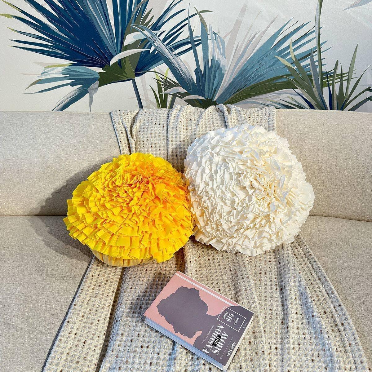 Yellow 3D Flower Throw Pillow Covers for Sofa Couch,Yellow Round Floral Cushion for Bedroom，Home Decorative Accent Pillow Case for Living Room,Yellow Flower Pillow for Kids