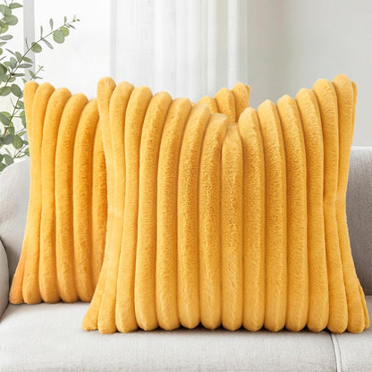 Simmore Faux Fur Couch Throw Pillow Covers 18x18 Set of 2, Decorative Soft Striped Plush Pillow Covers with Velvet Back for Sofa Bed Living Room, Mustard Yellow