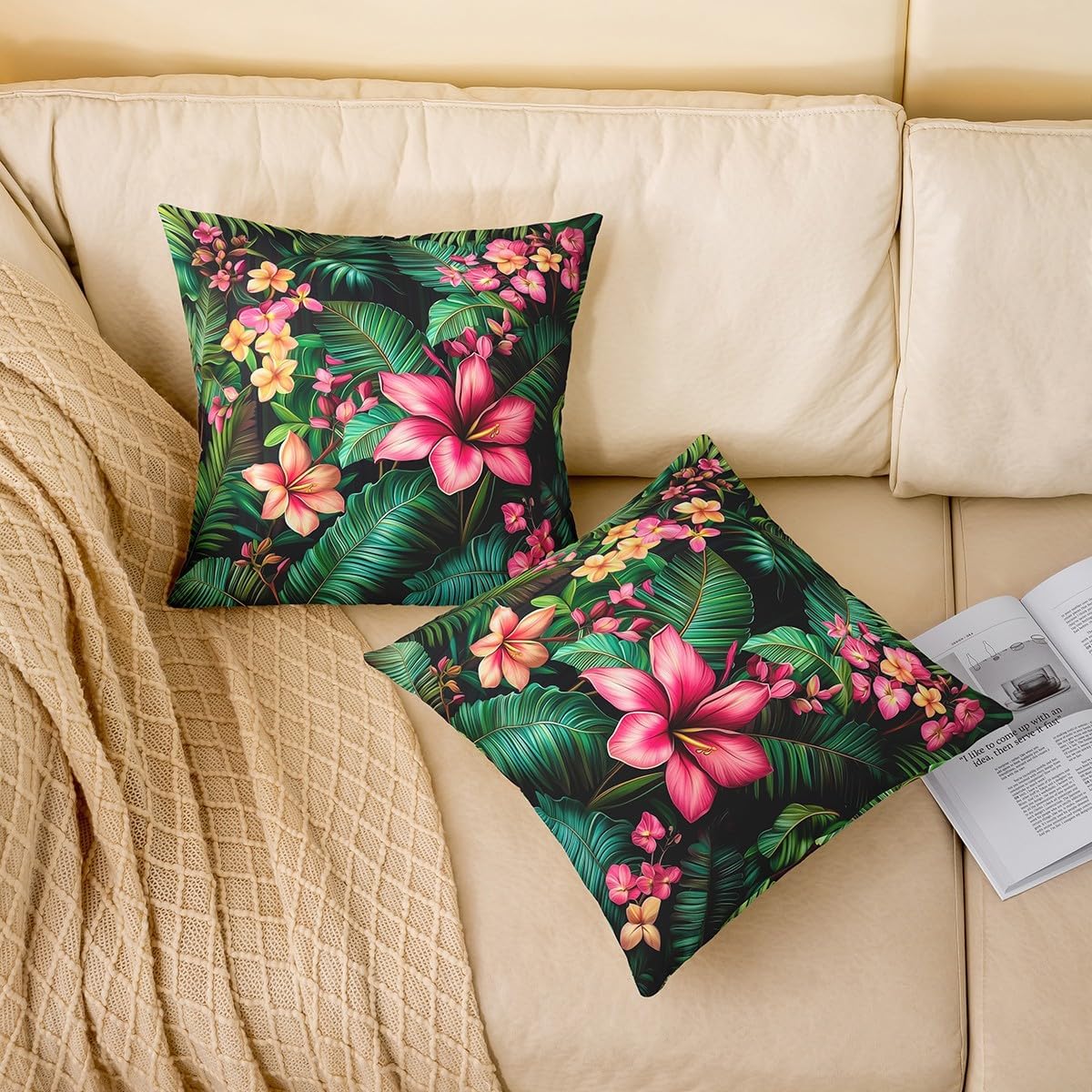 Manfei Tropical Double Sides Print Pillow Covers,Hawaiian Plumeria Flowers Watercolor Throw Pillow Case Covers,Jungle Botanical Palm Leaves Green 20"x 20" Cushion Covers,Pack of 2