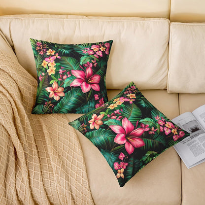 Manfei Tropical Double Sides Print Pillow Covers,Hawaiian Plumeria Flowers Watercolor Throw Pillow Case Covers,Jungle Botanical Palm Leaves Green 20"x 20" Cushion Covers,Pack of 2