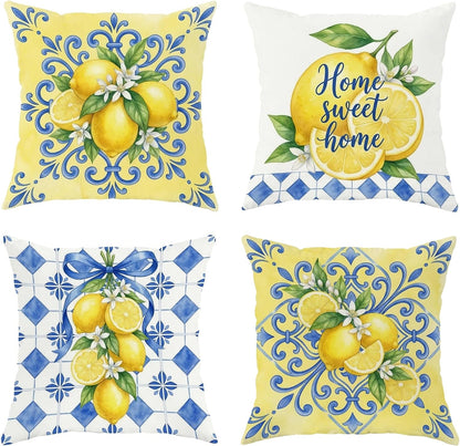 Lemon Throw Pillow Covers Set of 4, Farmhouse Rustic Flower Blue Pattern Summer Yellow with Hidden Zipper Cushion Covers Pillow for Living Room Bedroom Loft Office Car Decor 16x16 Inch