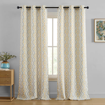 HLC.ME Tanner Grey and Yellow Gold Patterned Curtains - Geometric Grommet Curtains for Bedroom - Ogee Ikatt Light Reducing Window Panels, Set of 2-37 W x 84 L