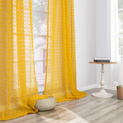 Mustard Yellow Sheer Curtains 84 Inch Length 2 Panels for Spring Living Dining Room Bedroom Boho Farmhouse Gold Semi Sheer Pom Poms Tufted Curtain 84 Inches Long for Nursery Girls Kids Room Back Tab