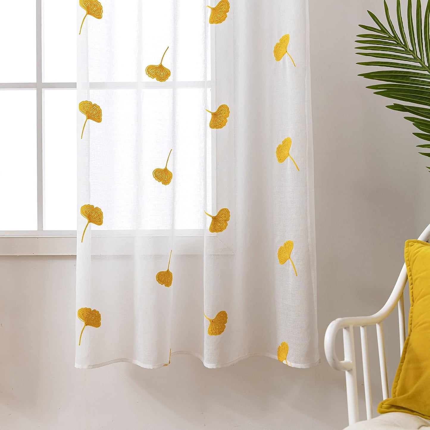 Yellow Sheer Curtains 84 Inches Long Embroidered Leaf Patterned Linen Look Floral Semi Sheer Curtain for Kids Bedroom Living Room Grommet Voile Drapes 2 Panels
