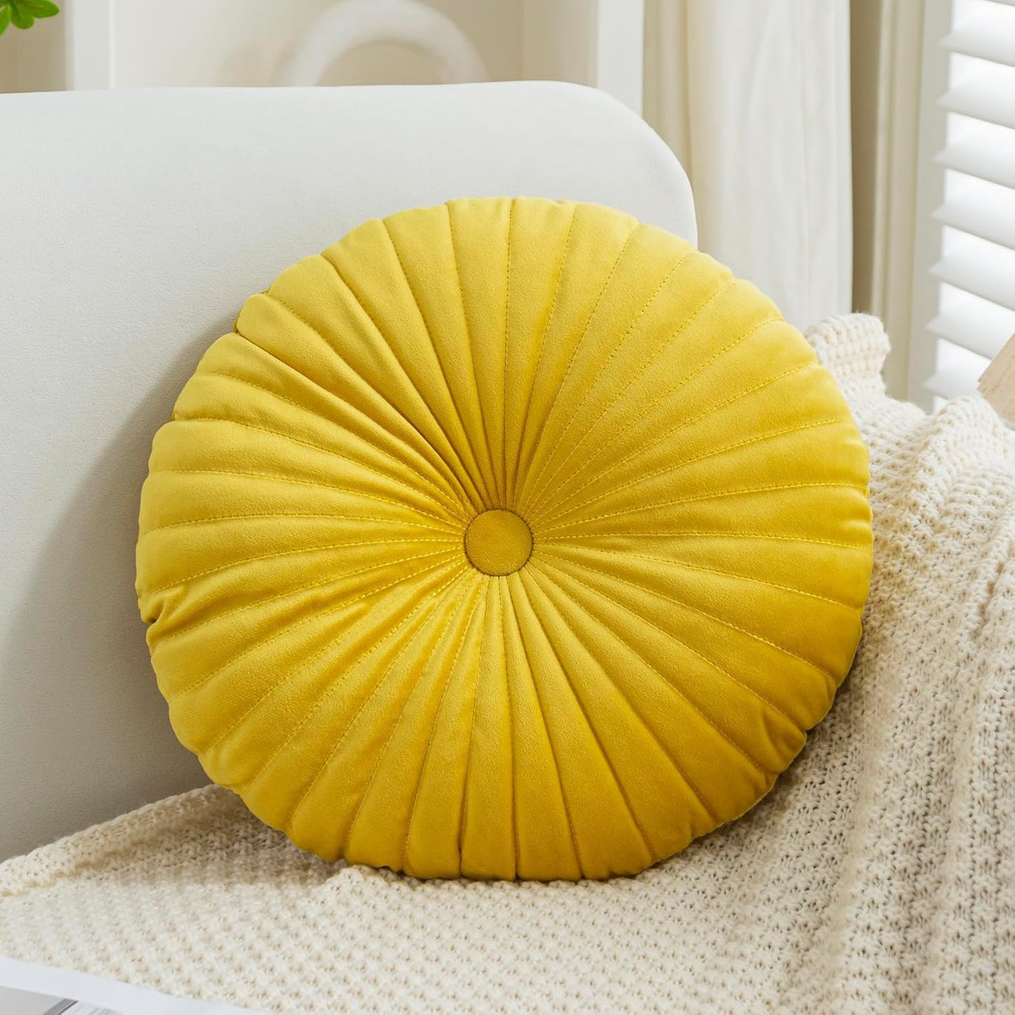 Teieas Velvet Round Throw Pillow Pleated Round Pillow Cushion Decoration for Couch Chair Bed Car Yellow