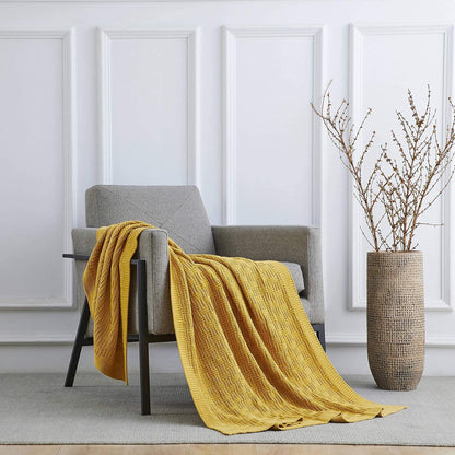 Cotton Mustard Yellow Knit Throw Blanket for Couch Sofa Beach Chair Bed Home Decorative Soft Warm Cozy Cable Lightweight Knitted Blankets,50 x 60 Inch, 2.2 Pounds