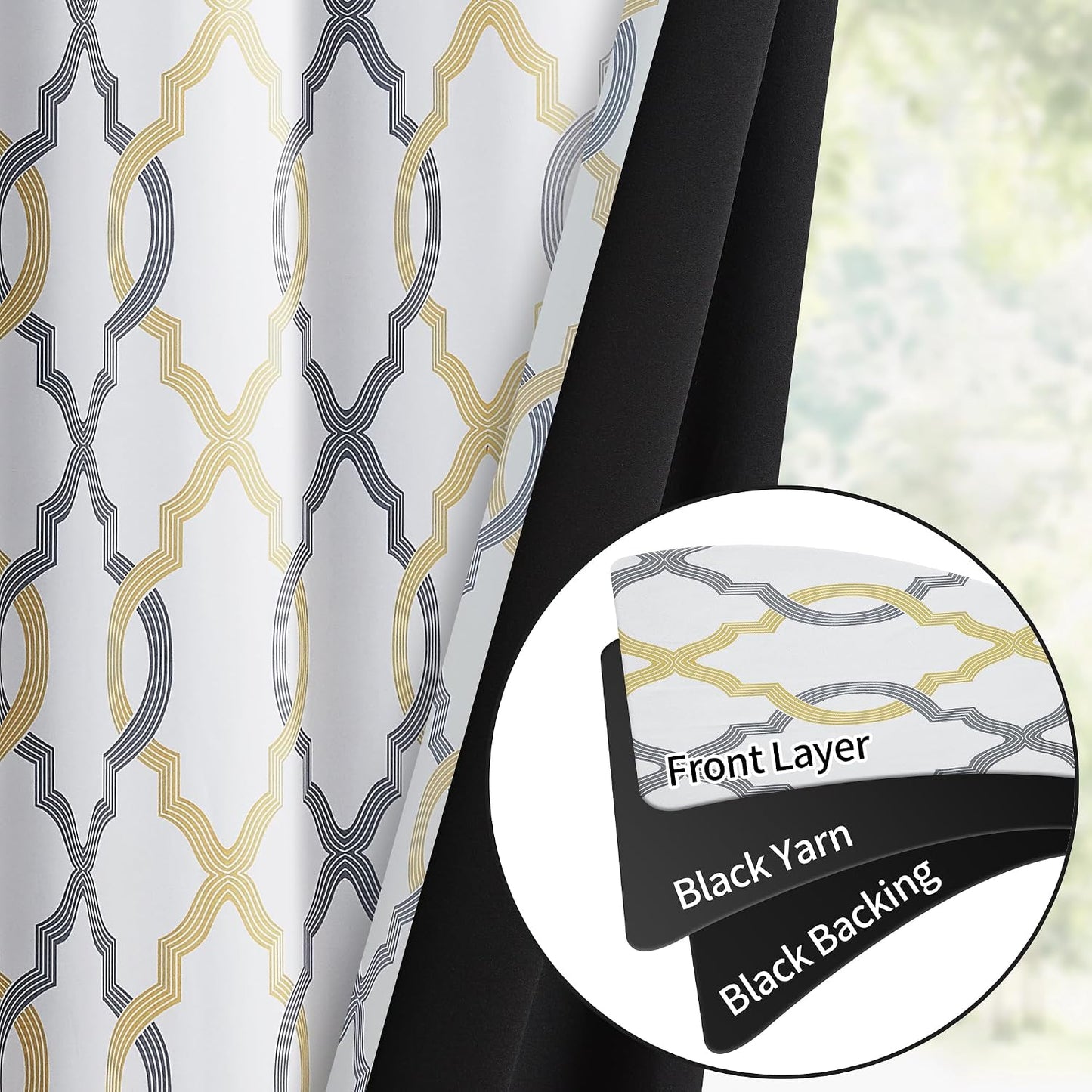 100% Blackout Curtains 84 Inches Long for Bedroom, Yellow Grey on White Moroccan Geometric Patterned Window Curtain for Living Room, Farmhouse Thermal Insulated Drapes Grommet Top 2 Panels