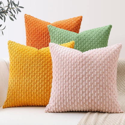 OTOSTAR Set of 4 Soft Corduroy Decorative Throw Pillow Covers 18x18 Square Striped Boho Pillow Cases for Sofa Couch Bedroom Living Room Home Decor Cushion Cover, Sage Green/Light Pink/Yellow/Orange