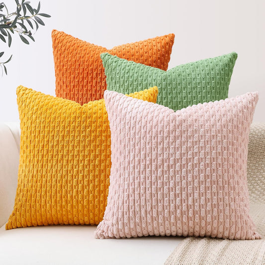 OTOSTAR Set of 4 Soft Corduroy Decorative Throw Pillow Covers 18x18 Square Striped Boho Pillow Cases for Sofa Couch Bedroom Living Room Home Decor Cushion Cover, Sage Green/Light Pink/Yellow/Orange