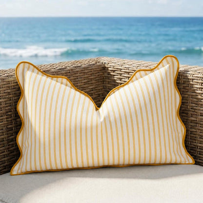 DEZENE 12x20 Yellow Outdoor Lumbar Pillow Cover, Striped Scalloped Water Resistant Throw Pillow Case Farmhouse Cushion Cover for Coastal Patio and Porch Decor