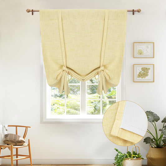 DriftAway Double Layer Linen Blackout Tie Up Curtains Thermal Insulated Fully Lined Balloon Roman Shade Bathroom Window Adjustable Rod Pocket for Small Window 25 Inch by 47 Inch Yellow
