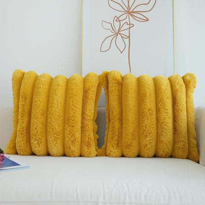 JOJUSIS Pack of 2 Faux Fur Plush Decorative Throw Pillow Covers Couch Cushion Case Soft Fluffy Pillowcases Wide Stripe (Yellow, 16 x 16 Inch)