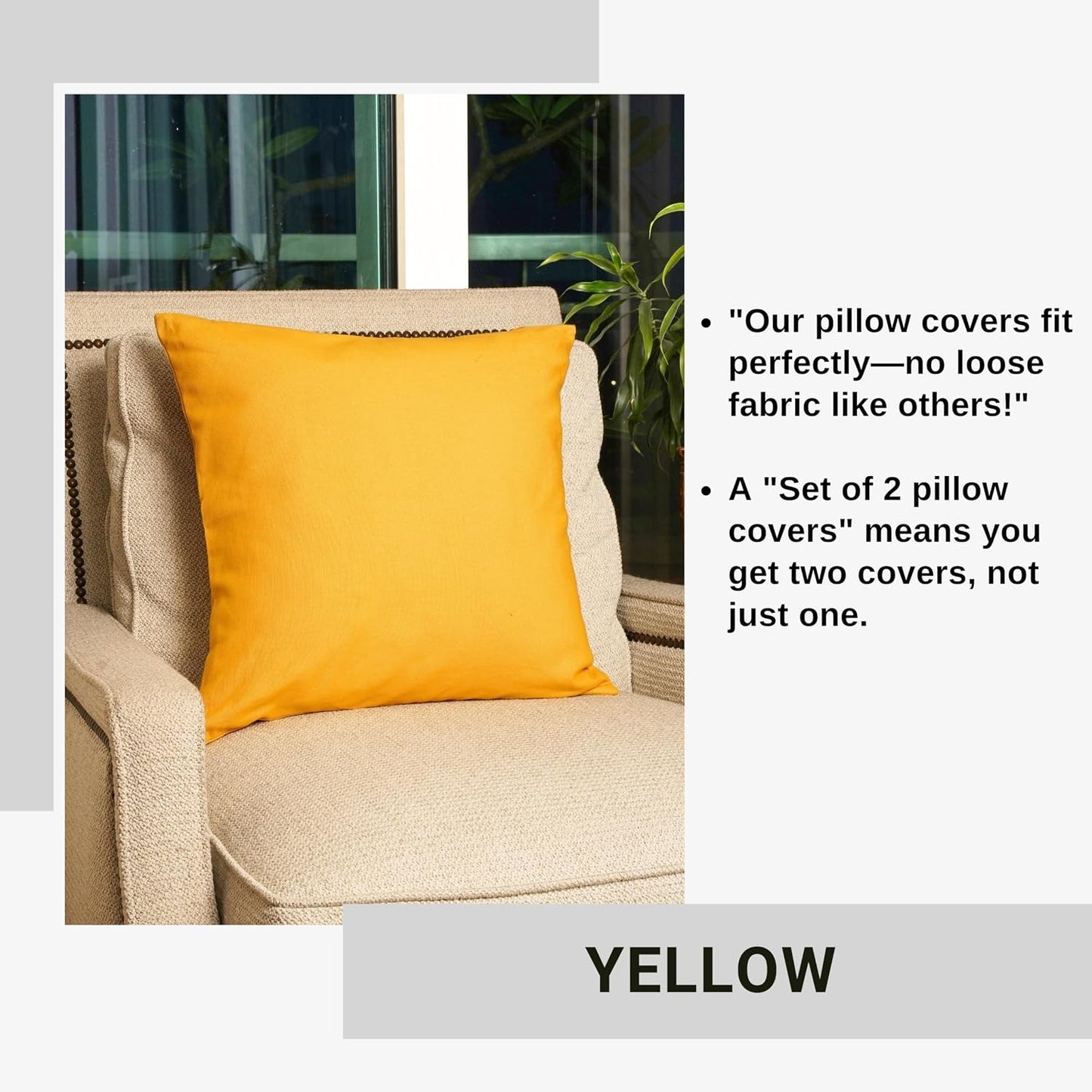RELY+ Cotton Throw Pillow Covers 20x20 Inch Set of 2 Yellow Decorative Zippered Cases for Couch Bedroom Sofa Living Room Decoration Gifts Outdoor & Indoor Square Pillow Cases