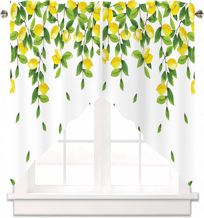 Lemon Swag Curtain Valance for Windows,Yellow Green Window Treatments Short Swag Topper for Kitchen Windows Bathroom Bedroom,28 x 36 Inch, 1 Pair
