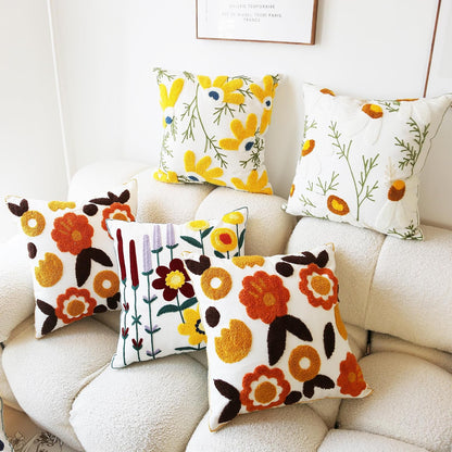 Embroidered Throw Pillow Cover Boho Beige Yellow 2PCS Pillow Covers for Couch Sofa Cotton Linen Daisy Floral Bohemian Pillow Covers 3D Big Flowers Botanical Pillowcase Covers 18x18 Inch