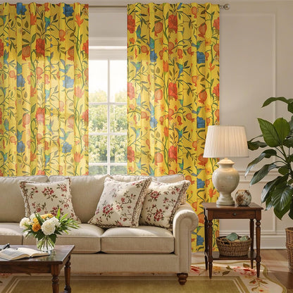 JOOJA Mustard Yellow Floral Linen Curtains, Boho Whimsical Bird Print Curtains for Bedroom Window Colorful Patterned Sheer Curtains for Living Room Kitchen 2 Panels 63 Inches Long