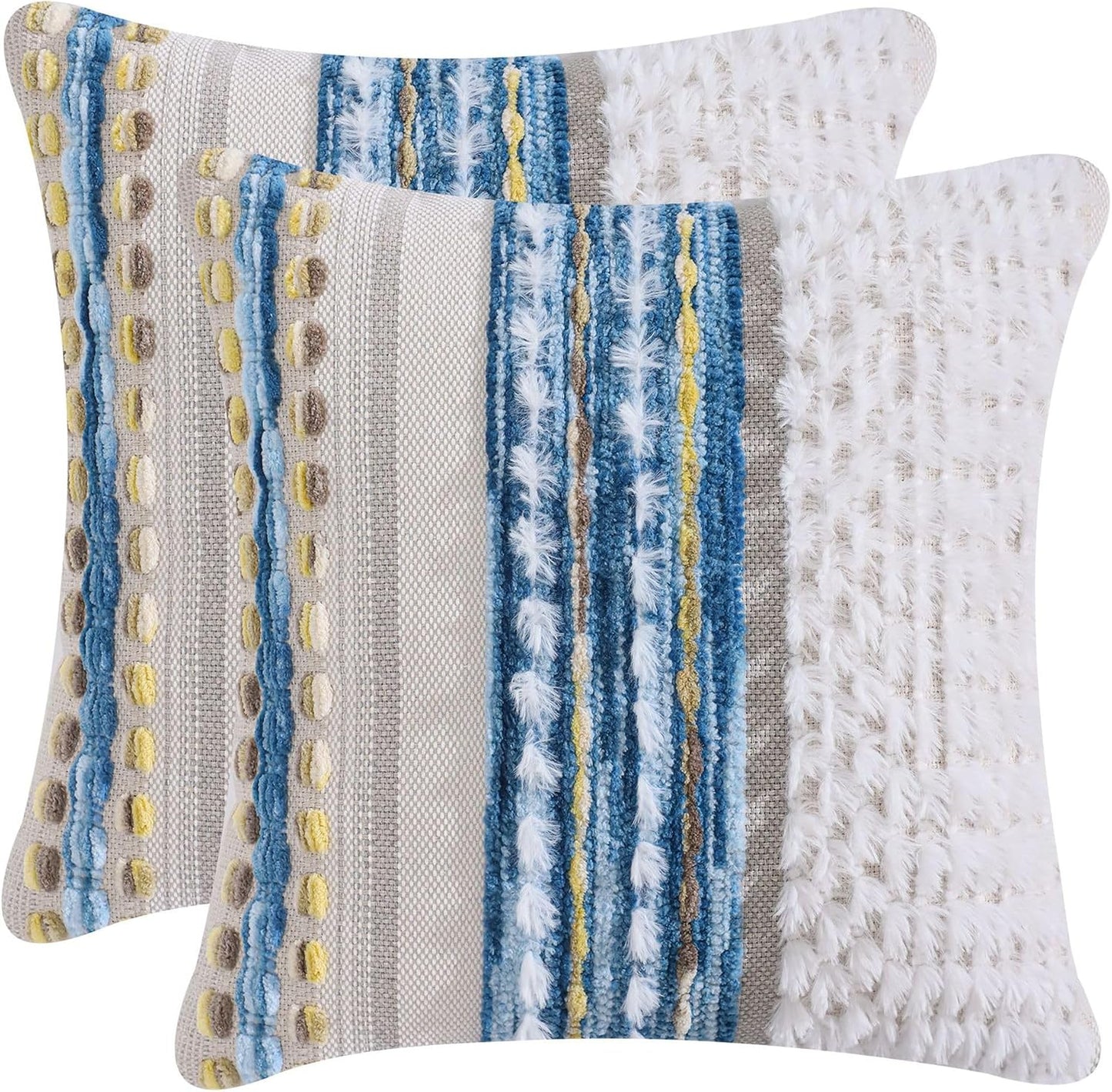 18x18 Inch Boho Pillow Covers Set of 2 Chenille Throw Pillow Cases for Couch Farmhouse Decorative Striped Cushion Covers for Sofa Bedroom Living Room (Blue Yellow)