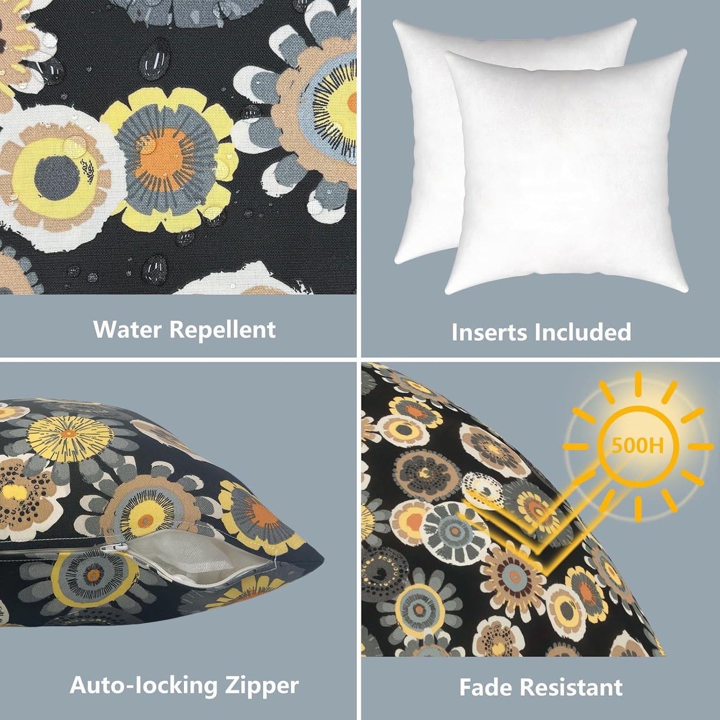 LVTXIII Outdoor/Indoor Throw Pillows, Decorative Throw Pillows with Inserts, 18"x18" Square Pillows for Bed, Couch, Sofa and Patio Furniture, Set of 2, Black Yellow Crosby