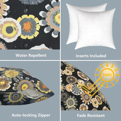 LVTXIII Outdoor/Indoor Throw Pillows, Decorative Throw Pillows with Inserts, 18"x18" Square Pillows for Bed, Couch, Sofa and Patio Furniture, Set of 2, Black Yellow Crosby