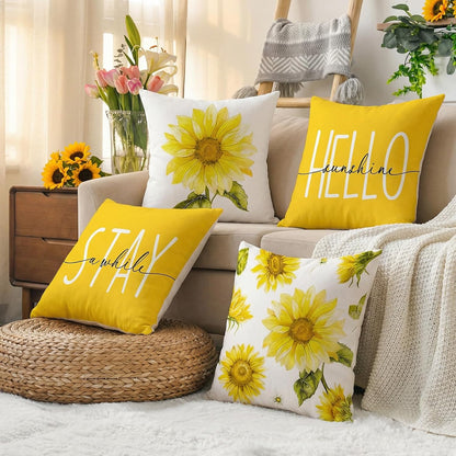 Spring Sunflower Decor Outdoor Throw Pillow Covers Waterproof 18x18 Inches Set of 4, Summer Sun Flower Decorative Pillows for Couch Porch and Patio Furniture, Mustard Yellow Floral Farmhouse Pillow